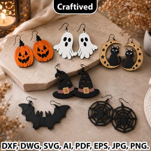 Könnte beinhalten: Fünf Paar Halloween-Ohrringe mit orangefarbenen Kürbissen, weißen Geistern, schwarzen Katzen auf Mondsicheln, schwarzen Hexenhüten, Fledermäusen und Spinnennetzen. Der Text Craftived sowie verschiedene Dateiformate sind im Bild zu sehen.