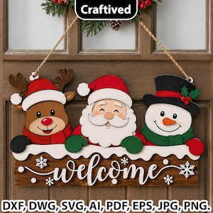 May include: A wooden hanging sign featuring a reindeer, Santa Claus, and a snowman with the text "welcome" in white script. The sign includes snowflake accents and is suspended by a rope. The text "Craftived" and file formats are visible.