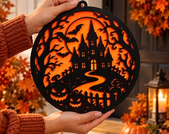 Halloween SVG Round Door Sign, Haunted House Laser Cut File, Door Hanger SVG For Glowforge xTool Decor, Spooky Door Sign, Wooden Porch Decor