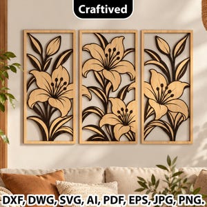 May include: A set of three rectangular wooden wall panels featuring a laser-cut lily flower design. Each panel displays a light wood-toned floral motif with dark brown accents, framed in a matching light wood border. The text Craftived is visible.