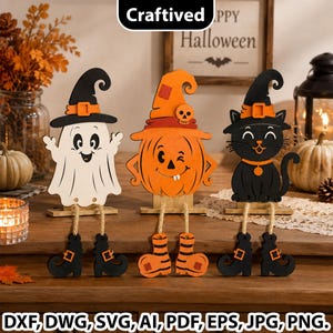 May include: Three wooden Halloween decorations featuring a white ghost, an orange pumpkin, and a black cat, each wearing a hat and dangling legs made of twine. The ghost wears a black hat, the pumpkin an orange hat with a skull, and the cat a black hat.