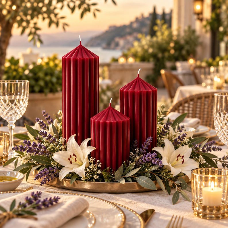 Luxury Burgundy Ribbed Pillar Candles, Elegant Candle Set, Dinner Table Luxury Burgundy Ribbed Pillar Candles, Elegant Candle Set, Dinner Table