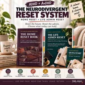 May include: The Neurodivergent Reset System includes The Home Reset Book, The Life Admin Reset, and a Quick Start guide. Features include 222 pages, 2,200+ fillable fields, 3 interactive PDFs, instant download, and printable 8.5 x 11 inch US letter pages.