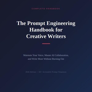 May include: A dark blue book cover titled The Prompt Engineering Handbook for Creative Writers. The text includes Complete Handbook, Maintain Your Voice, Master AI Collaboration, and Write More Without Burning Out, and 2026 Edition - 60+ Actionable Prompt Templates.
