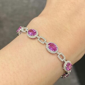 Labgrown Ruby Halo Tennis Bracelet, Oval Pink Ruby Diamond Bracelet,925 Sterling Silver Vintage Style Women Bracelet, Bridal Wedding Gift