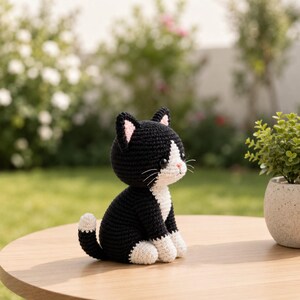 Könnte beinhalten: Eine schwarz-weiße gehäkelte Katzenfigur mit rundem Kopf, spitzen Ohren mit rosa Innendetails, weißer Brust, weißen Pfoten und einem Schwanz mit weißer Spitze. Die Katze hat schwarze Augen, eine kleine rosa Nase und weiße Schnurrhaare.