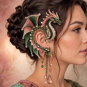 May include: A detailed ear cuff shaped like a dragon, crafted from green and pink thread with intricate crochet work. The design features small beads along the wings and body, with dangling chains ending in faceted crystal drops in pink and green.