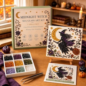 May include: A Midnight Witch sea glass art kit featuring a box with gold moon and floral designs, a square art piece on a wooden easel showing a witch on a broomstick, a nine-compartment tray with colourful glass beads, and a step-by-step guide.