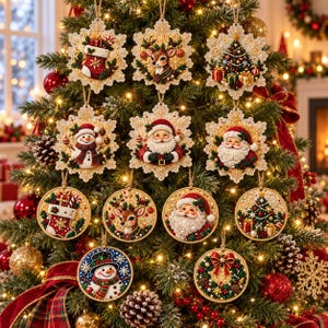 May include: A collection of hanging Christmas ornaments featuring snowflake and circular shapes. Designs include a stocking, reindeer, Christmas tree, snowman, and Santa Claus, all decorated with intricate beadwork and festive holiday colors.