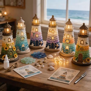 Può includere: Sei modelli di fari decorativi con lanterne illuminate, decorati con vetro marino, conchiglie e accenti floreali. Include vetro marino sfuso, perle, spago, una colla, un attrezzo in metallo e due schede di istruzioni Cornable Coir Lighthouse.