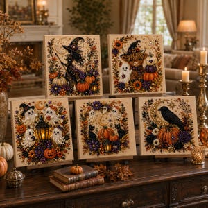 May include: Five square diamond painting canvases featuring Halloween themes including a witch, a highland cow, ghosts, black cats, and a crow. Each canvas is decorated with colorful gems depicting pumpkins, flowers, moons, and lanterns.