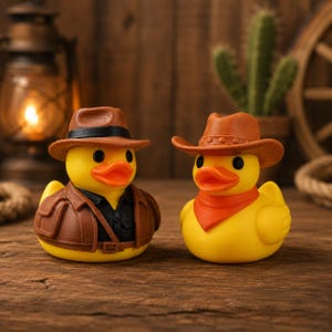 Pode incluir: Dois patos de borracha amarelos. O pato da esquerda usa um chapéu fedora castanho, um casaco castanho e uma camisa preta. O pato da direita usa um chapéu de cowboy castanho e uma bandana laranja. Ambos têm bicos cor de laranja e olhos pretos.