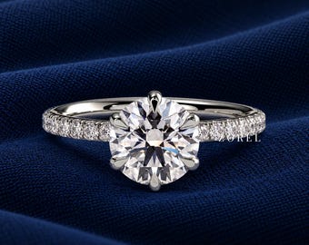 Classic Round Cut Moissanite Engagement Ring for Her, White Gold Classic 6 Prong Promise Hidden Halo Ring, Bridal Wedding Ring Gift for Her