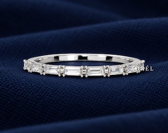 White Gold 1 Ct Baguette Polished Half Eternity Band, 14K Solid Gold Slim Stackable Wedding Band, Delicate Anniversary Bridal Jewelry