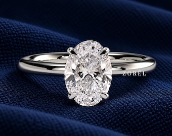 Oval Moissanite Engagement Ring 14K White Gold Hidden Halo Solitaire Ring, 2.5 Ct Classic Hidden Halo Wedding Ring, Promise Gift for Her