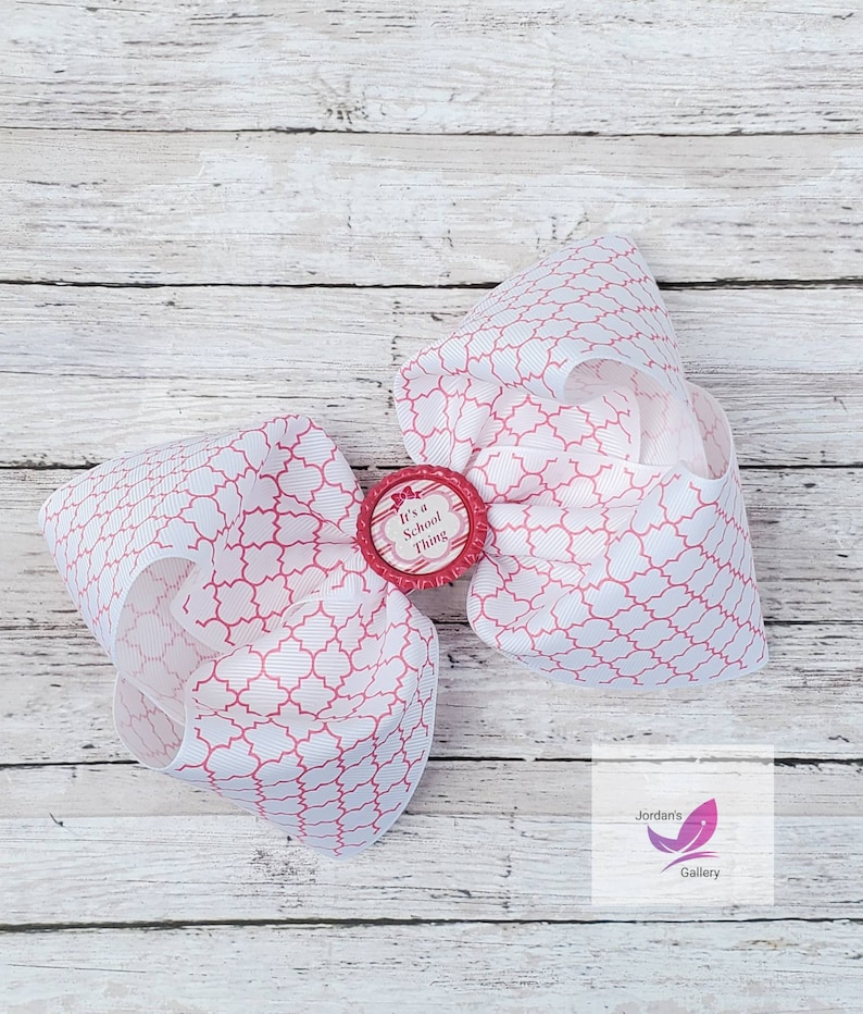 Back to School XXL Bow Hot Pink Fancy Bow Big Hair Bow Girl Bow Texas Sized Bow Boutique Bow White 7 inch wide bow