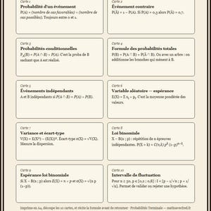 May include: A set of ten educational study cards titled Probabilités & statistiques — cartes de révision. Each card contains mathematical formulas for probability and statistics, including conditional probability, binomial distribution, and variance.