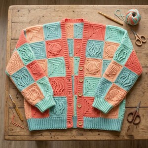 Patchwork Crochet Cardigan Pattern, Crochet Cardigan PDF, Textured Crochet Square Sweater, Oversized Granny Square Style Cardigan