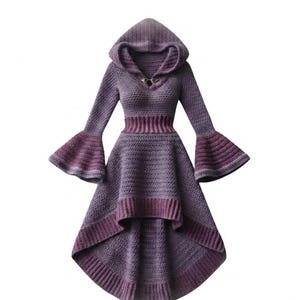 May include: A purple crochet hooded dress featuring long bell sleeves, a high-low hemline, and a ribbed waist and hem. The garment includes a metallic clasp closure at the neckline and displays a gradient of purple tones throughout the knit.