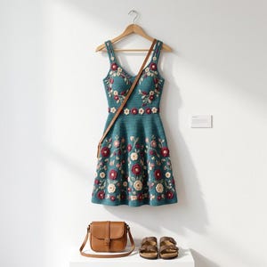 Könnte beinhalten: Ein ärmelloses Häkelkleid in Blaugrün mit gestickten Blumenmustern in Rot-, Rosa- und Cremetönen. Das Kleid hängt an einem Holzkleiderbügel, darunter befinden sich eine braune Umhängetasche aus Leder und braune Ledersandalen.