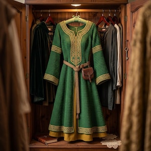 May include: A long-sleeved green crochet dress featuring intricate gold-colored Celtic knot patterns along the neckline, cuffs, and hem. The dress is cinched at the waist with a braided brown belt and includes a small brown leather pouch attached.