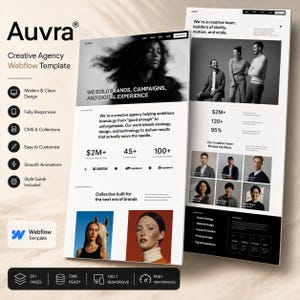 Puede incluir: Una visualización digital de la plantilla Webflow para agencia creativa Auvra, con un diseño en blanco y negro que incluye tipografía, fotografías de equipo, muestras de proyectos y listas de servicios. El diseño incluye secciones de marca y estadísticas.