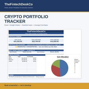 May include: A digital crypto portfolio tracker template for Excel and Google Sheets by TheFintechDeskCo. The interface displays a portfolio summary, health rating, performance metrics, and a coin allocation table with a corresponding pie chart.