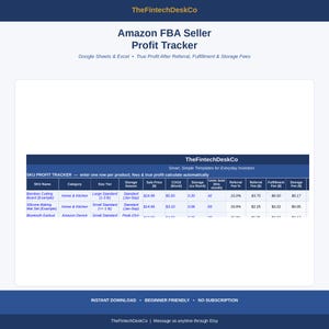 May include: A digital Amazon FBA Seller Profit Tracker spreadsheet template for Google Sheets and Excel. The interface displays columns for SKU Name, Category, Size Tier, Storage Season, Sale Price, COGS, Storage, Units Sold, and various fees.