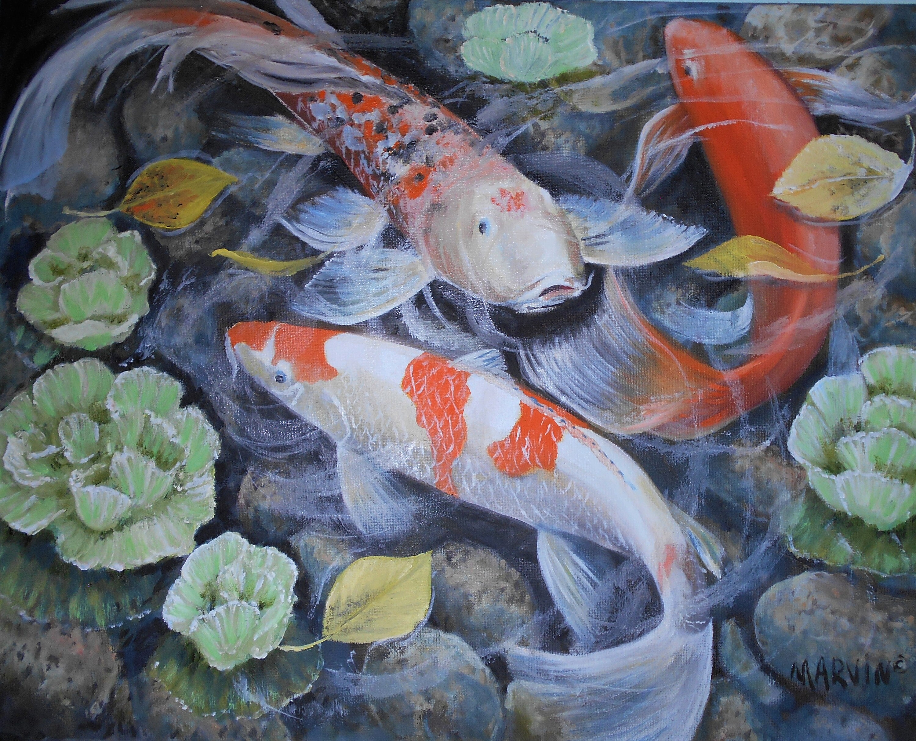 Koi Pond II Original Oil Painting stretched canvas 16 X 20 Top Etsy