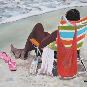 Just Chilling At The Beach original Acrylic Painting on Canvas paper realism figurative Top Selling Artist