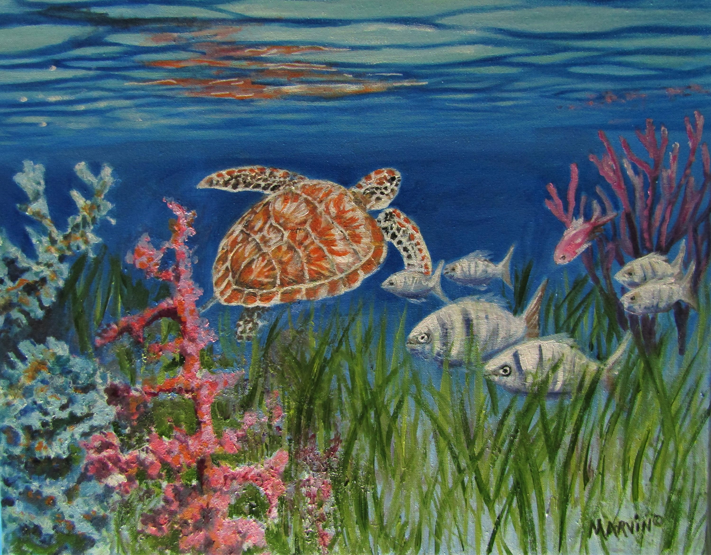 Under the Sea Original Oil Painting Stretched Canvas Turtle Fish Coral