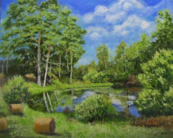 Plein Air landscape With A Pond original Oil painting 16 X 20 inches on canvas board