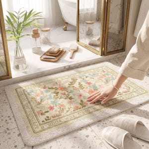 May include: A rectangular bath mat with a cream-coloured base featuring a floral pattern in shades of pink, blue, and green. The border contains the text "PLEASE ACCEPT MY BEST WISHES FOR YOUR HAPPINESS AND SUCCESS" printed in a dark font.
