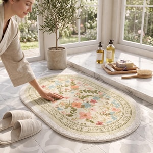 Può includere: Un tappetino da bagno ovale con un centro color crema e un motivo floreale nei toni del rosa, arancione e blu. Il bordo è verde chiaro e riporta il testo "PLEASE ACCEPT MY BEST WISHES FOR YOUR PLEASE ACCEPT MY BEST WISHES FOR YOUR".