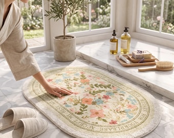 Tapis de bain ovale vintage à motifs floraux botaniques, tapis absorbant antidérapant en microfibre, tapis d'entrée style cottagecore