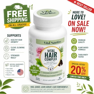 May include: A white plastic bottle of Vital Nutritive Vital Hair Complex dietary supplement with a white cap. The label features green text, a pink flower, and green leaves. It contains 60 vegecaps for a 30-day supply, with 11 proprietary blends.