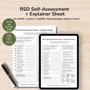 Puede incluir: Una hoja de autoevaluación y explicación de RSD para adultos y adolescentes neurodivergentes con TDAH, autismo o AuDHD. El documento digital incluye una escala con calificaciones numeradas, secciones de reflexión y texto informativo.