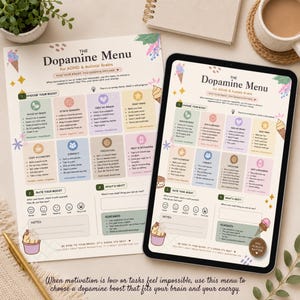May include: A printed paper and a digital tablet display The Dopamine Menu for ADHD & Autistic Brains, a colorful chart with sections for choosing boosts, rating feelings, and taking notes, decorated with small illustrations of ice cream cones.