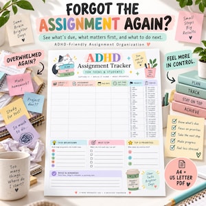 May include: An ADHD assignment tracker for teens and students featuring a cat illustration, a grid for subjects, assignments, due dates, estimated time, priority levels, and status, plus sections for task breakdown, next steps, and top priorities.