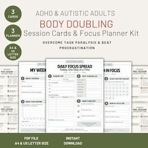 Puede incluir: Un kit de planificador digital para adultos con TDAH y autismo que incluye tarjetas de sesión de body doubling y un planificador de enfoque. Las páginas incluyen un resumen diario, una visión semanal, mapeo de energía y un visualizador de consistencia en A4.