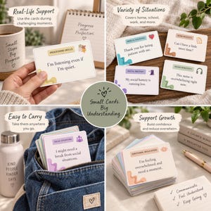 May include: A set of rectangular communication cards featuring pastel-colored borders and various phrases for social and emotional support. The cards include text such as I'm listening even if I'm quiet, My social battery is running low, and I'm feeling overwhelmed.