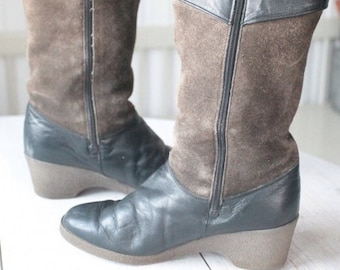 70s 80s vintage blue and grey leather and suede winter boots size 38