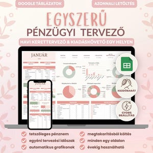 Może przedstawiać: Cyfrowy planer finansowy wyświetlany na ekranie laptopa i smartfona, zawierający tekst EGYSZERŰ PÉNZÜGYI TERVEZŐ, wykresy i tabele w odcieniach delikatnego różu i bieli na tle z motywem liści oraz trzy okrągłe ikony.