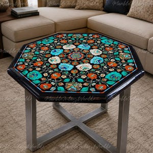 Handcrafted Black Marble Hexagonal Table Top | Pietra Dura Floral Gemstone Inlay