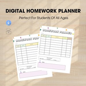 May include: A digital homework planner template featuring two white pages with black text, pastel-colored headers, and small school supply icons. The layout includes columns for date, subject, homework, due date, and completed tasks, plus a notes section.