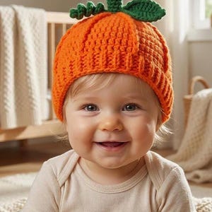 May include: A bright orange crochet hat shaped like a pumpkin, featuring a textured ribbed pattern and a green crocheted stem with a leaf on top. The hat is designed with a rounded crown and a snug fit, showcasing a vibrant autumn-inspired color.