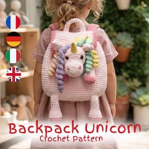 May include: A light pink crocheted backpack featuring a three-dimensional unicorn head on the front. The unicorn has a yellow horn and a mane made of multi-colored pastel yarn curls. The backpack includes two dangling legs at the bottom.