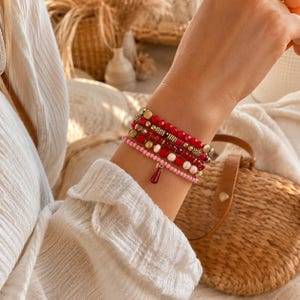 Red Pink Beaded Bracelet Set, Boho Stacking Stretch Bracelets, Gold Accents Crystal Drop, Summer Jewelry Gift