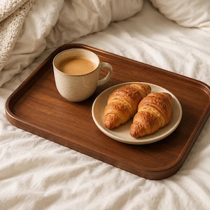 Puede incluir: Una bandeja de servicio rectangular de madera oscura que sostiene una taza de cerámica beige moteada llena de café y un plato pequeño redondo con dos cruasanes dorados. La bandeja tiene esquinas redondeadas y un acabado liso.