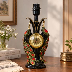 Black Peacock Clock Lamp Base, Gothic Victorian Table Lamp, Red Jewel Bird Decor, Ornate Maximalist Home Accent